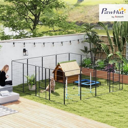 PawHut Dog Playpen, 31.5" W Heavy-Duty Metal Puppy Play Pen, Pet Exercise Fences for Outside and Indoor, DIY Design with Door for Large Dogs, 16 Panels, 47" H