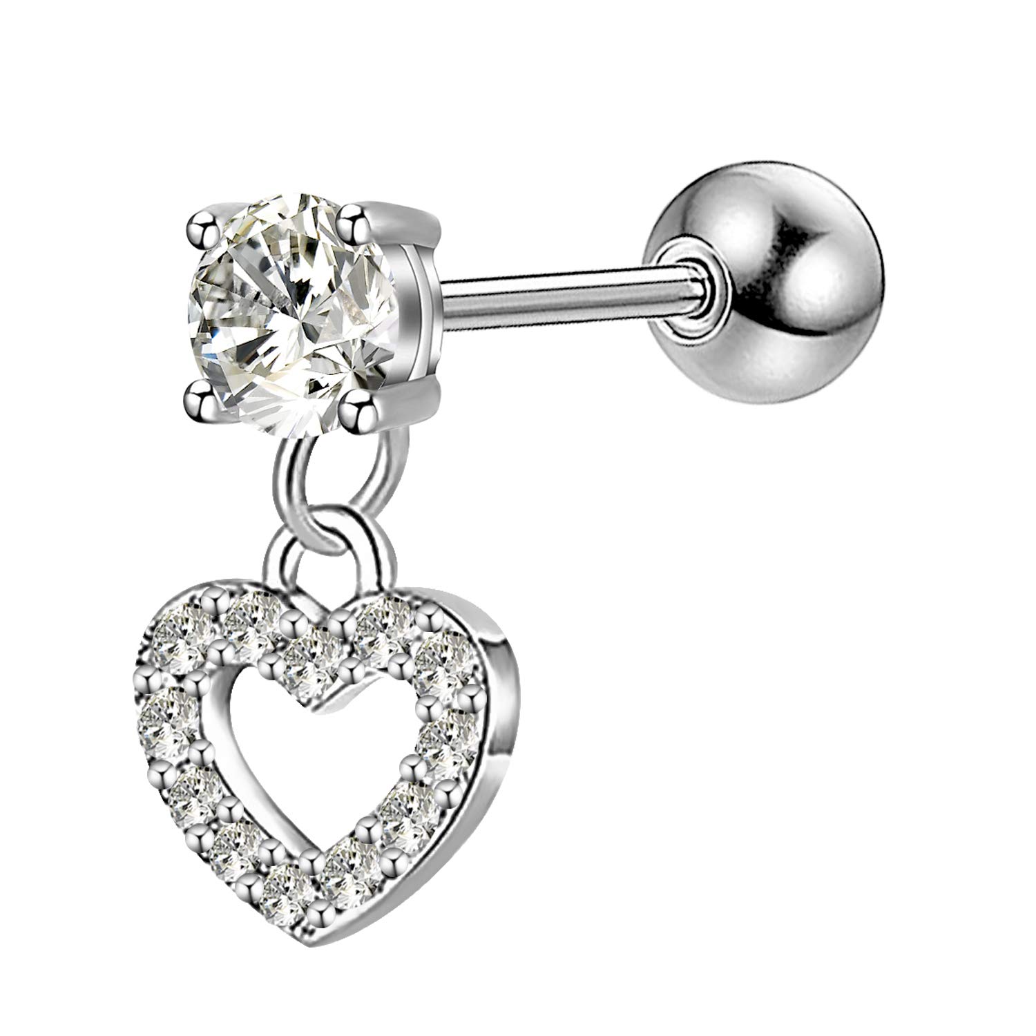 OUFER 16G 316L Stainless Steel Cartilage Earring Heart Shape Dangle Tragus Bars Clear CZ Helix Earrings