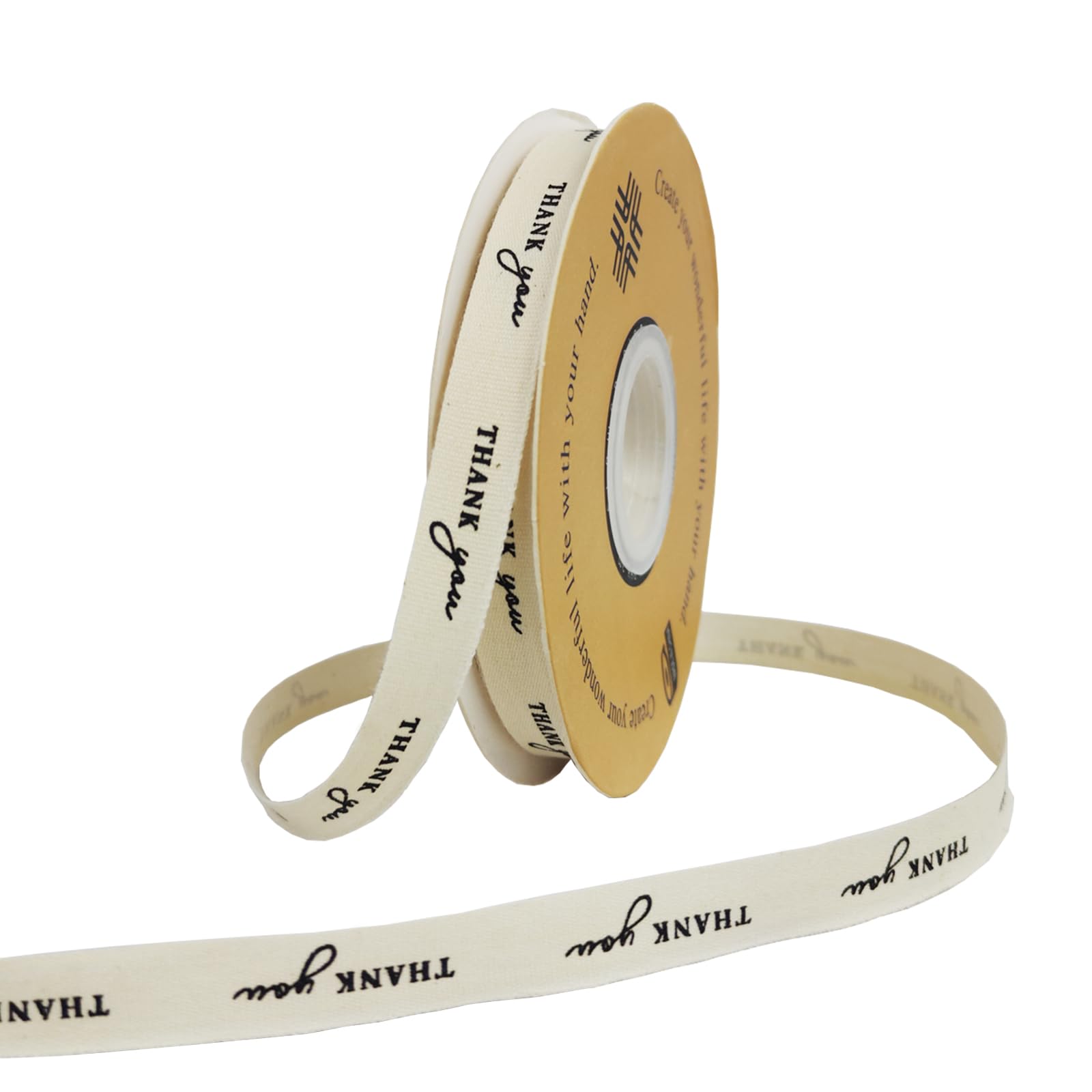 Sewhick 13mm Gift Wrap Cotton Ribbon, 27M, Beige, Thank You, Pure Cotton, Romantic, Celebratory, Classic, Letter Print