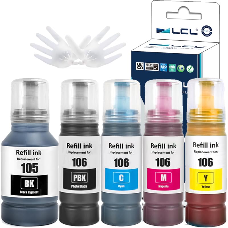 LCL 105 106 High Capacity Ink Bottle Replacement for Epson EcoTank 105 106 Ink Refill Bottle Multipack Compatible with Epson EcoTank L7160 L7180 ET-7700 ET-7750 Printers (5 Pack)