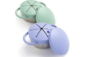 BUFILEA Snack Containers for Toddlers, 3-in-1 Stainless Steel Toddler Snack Cups with Removable Silicone Food Catcher & Travel Lids, No-Spill Snack Cup Kids (Matte Blue, Matte Green, Pack of 2)