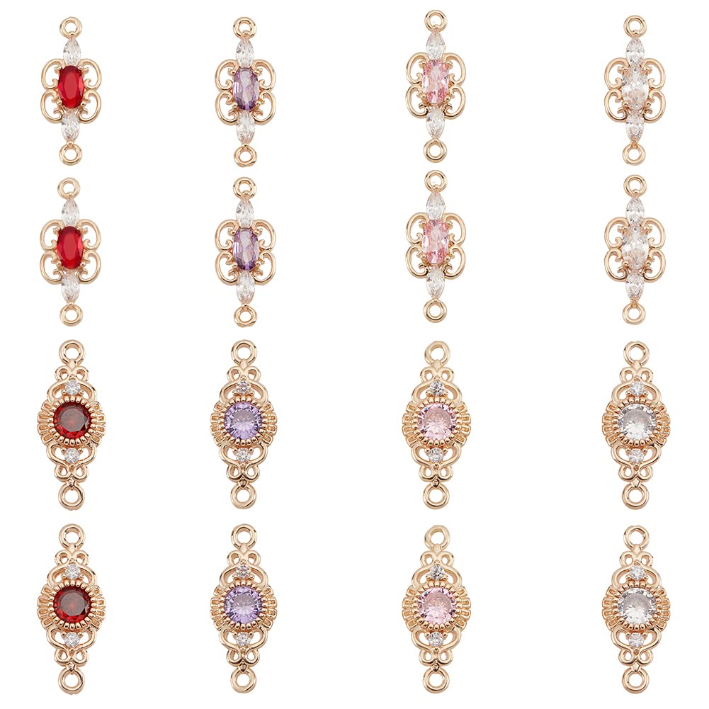 AHANDMAKER 16 Pcs Cubic Zirconia Link Connectors, 8 Styles Brass Micro Pave CZ Stone Connector Charms Eternity Space Pendant for DIY Jewelry Bracelets Necklaces Keychain Making, Hole:1.2mm