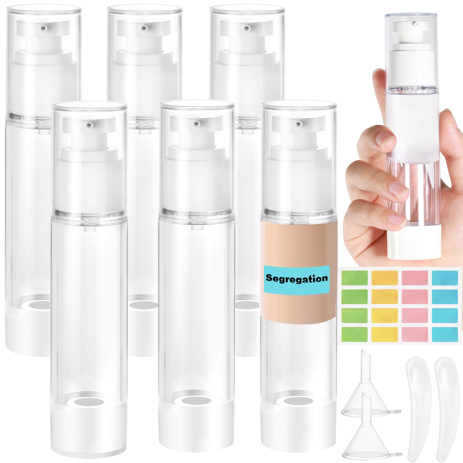 Furuising 6Pcs 100ml Airless Pump Bottle, Mini Empty Travel Pump Bottles, Refillable Clear Lotion Pump Containers with 5ml Syringe and Stickers for Foundation, Essence, Cream, Toiletries