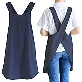 NEWGEM Japanese Linen Cross Back Cooking Aprons for Women Men with Pockets Cute for Baking Kitchen