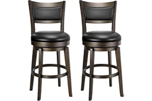 PrimeZone Swivel Bar Stools Set of 2, 24 Inch Counter Height Barstools, Black Faux Leather Bar Stool with High Backrest & Solid Wood Legs & Wrap-around Footrest, Counter Stools for Kitchen Island, Pub