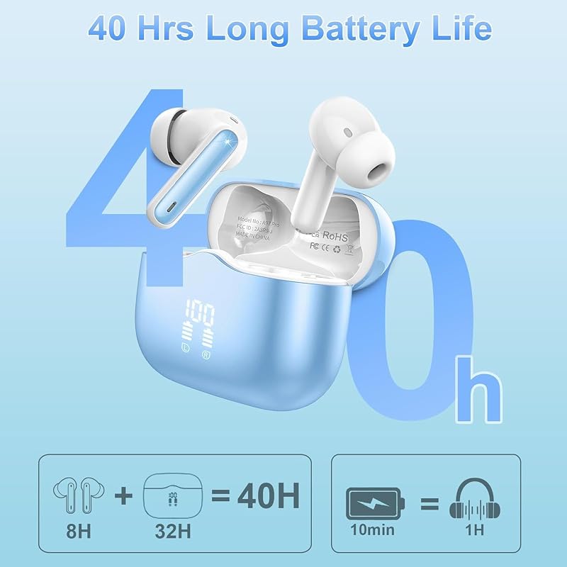 Cuffie Bluetooth, Auricolari Bluetooth 5.3 Stereo HiFi con 4 HD Mics, Mini Cuffie Wireless Cancellazione Rumorecon, Cuffiette Bluetooth per Androide/iOS, USB-C, Earbuds IP7 Impermeabili 40 Ore