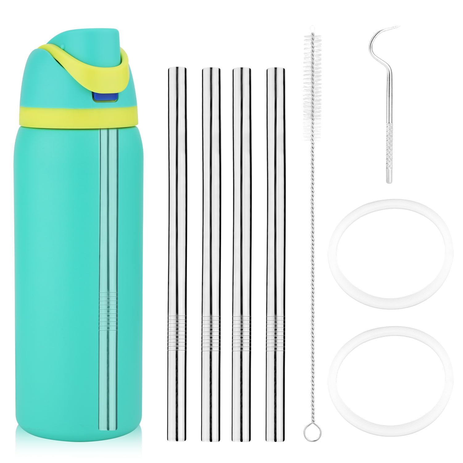4pcs Metal Straw Replacement for Owala Water Bottle 24 oz 32 oz, Stainless Steel Reusable Straws with Cleaning Brush & Gasket Seal Washers Compatible with Freesip Water Bottle Accessories Parts