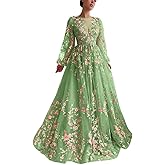 Jamille Tea Length Prom Dress for Women Formal Floral Gowns with Puffy Sleeves Long Embroidery Tulle Evening Dress JA0011 B