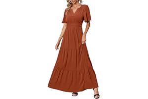 Amegoya Women's Summer Boho Maxi Dresses Casual V Neck Short Sleeve A-line Empire Waist Long Flowy Beach Dress
