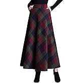Leyoutx Women's Winter Warm Wool Plaid High Waist A-Line Drape Pleated Maxi Skirts with Pockets