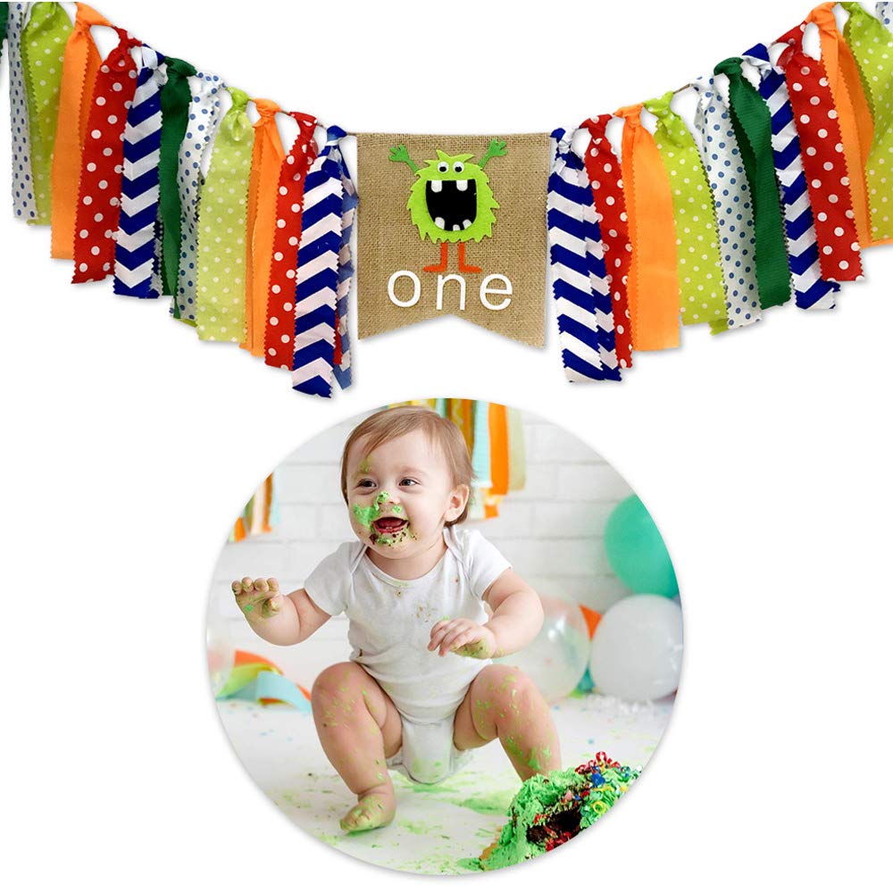 Photo 1 of Cartoon Monster Theme First Birthday Party Decorations- Funny Monster One High Chair Banner, Baby Boy Photo Booth Birthday Party Supplies Decorations
