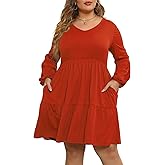 Celkuser Plus Size Casual Dresses for Curvy Womens Long Sleeve V Neck Babydoll Tiered Flowy Dress with Pocket