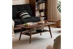 VADISUN 100% Solid Wood Coffee Table for Living Room, Mid Century Modern Small Tables with Shelf Storage, Storage Coffee Table with Rounded Corners (Oak Wood Walnut Color, 47.24" L)