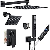 FAROLAN Rain Shower System Matte Black Shower Faucet Set, Dual Rainfall Shower Head Set with 2 in 1 Handheld Spray, Wall Mounted Bathroom 12-inch & 6-inch Square Showerheads with Valve, Matte Black