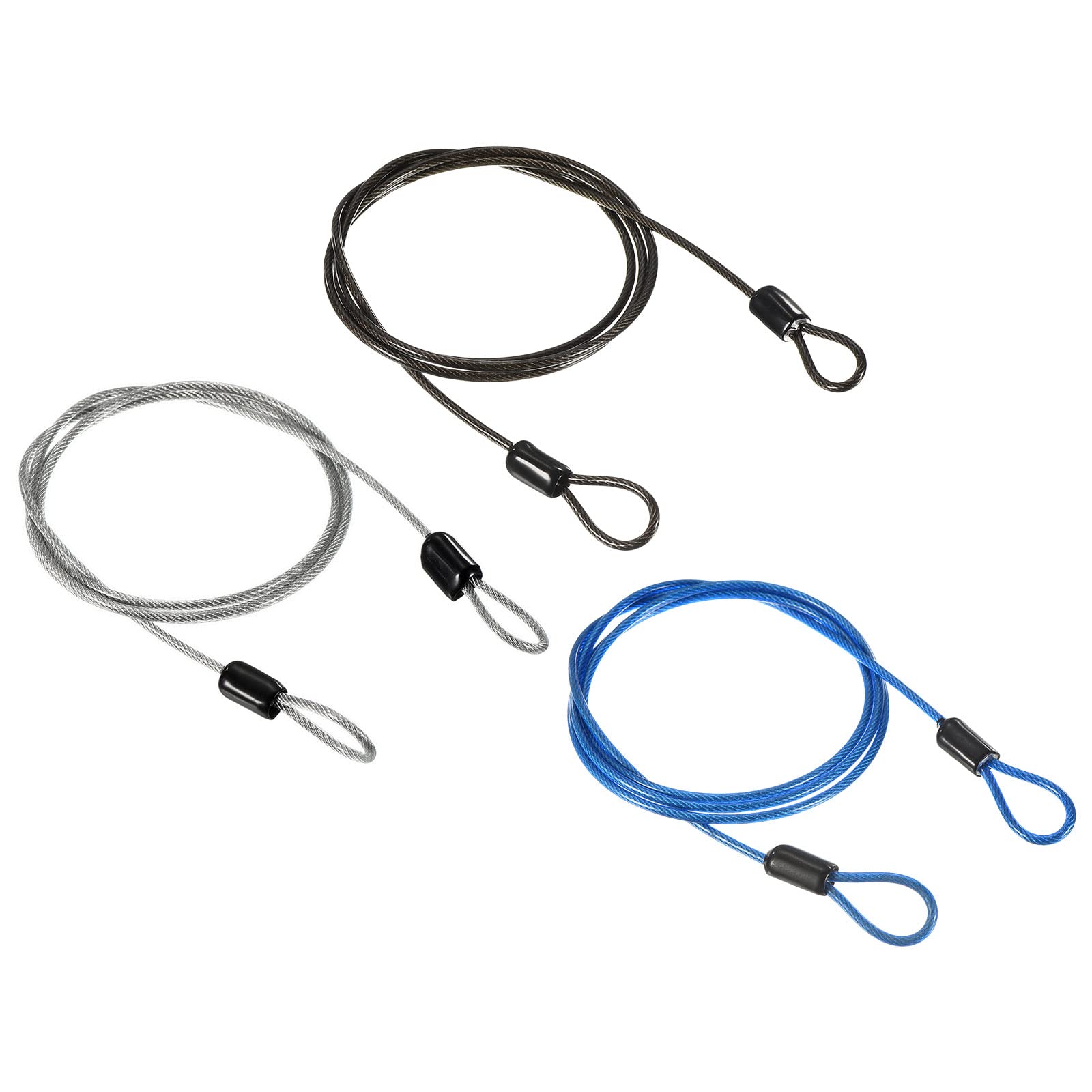 PATIKIL Security Steel Cable 2.5mm x 1m/3.28ft Coated Luggage Lock Wire Rope with Double Loop Transparent, Black, Blue 3 Pack