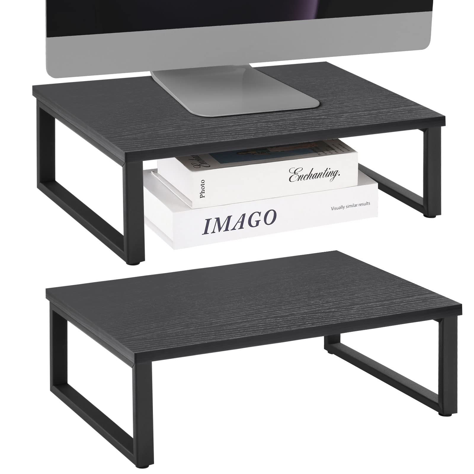 Set of 2 Vintage Wood Display Stand for Laptops and Monitors with Non-Slip Legs, Multi-Purpose Desktop Storage Organizer Shelf for Office Home Study Work, Black