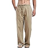 perdontoo Mens Casual Cotton Linen Pants Elastic Waist Drawstring Straight Summer Beach Pants
