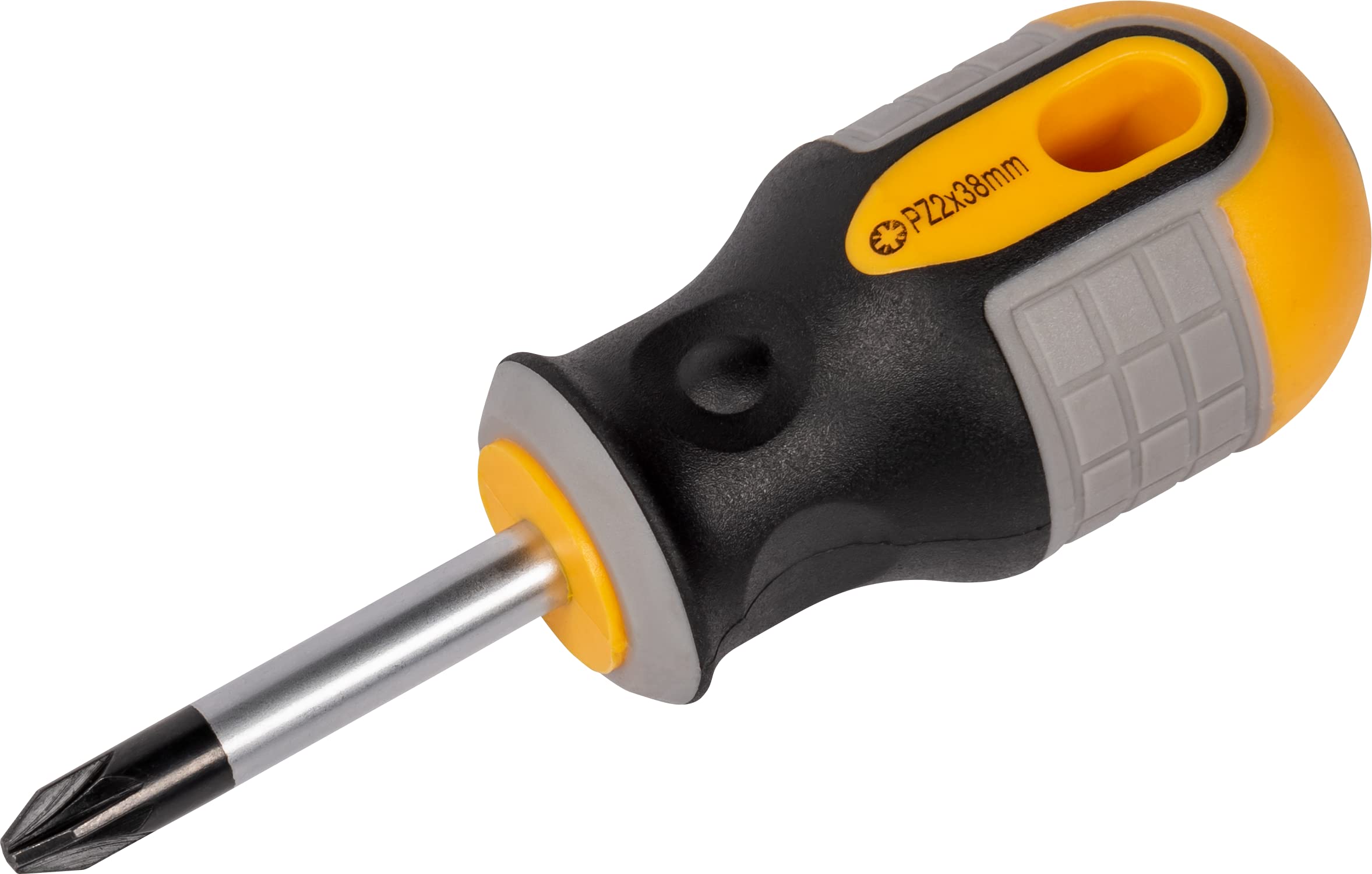 Roughneck Pozi® Stubby Screwdriver – Magnetic Tip, Pozidriv S2 Steel Blade & Soft Grip Handle – PZ2 x 38mm