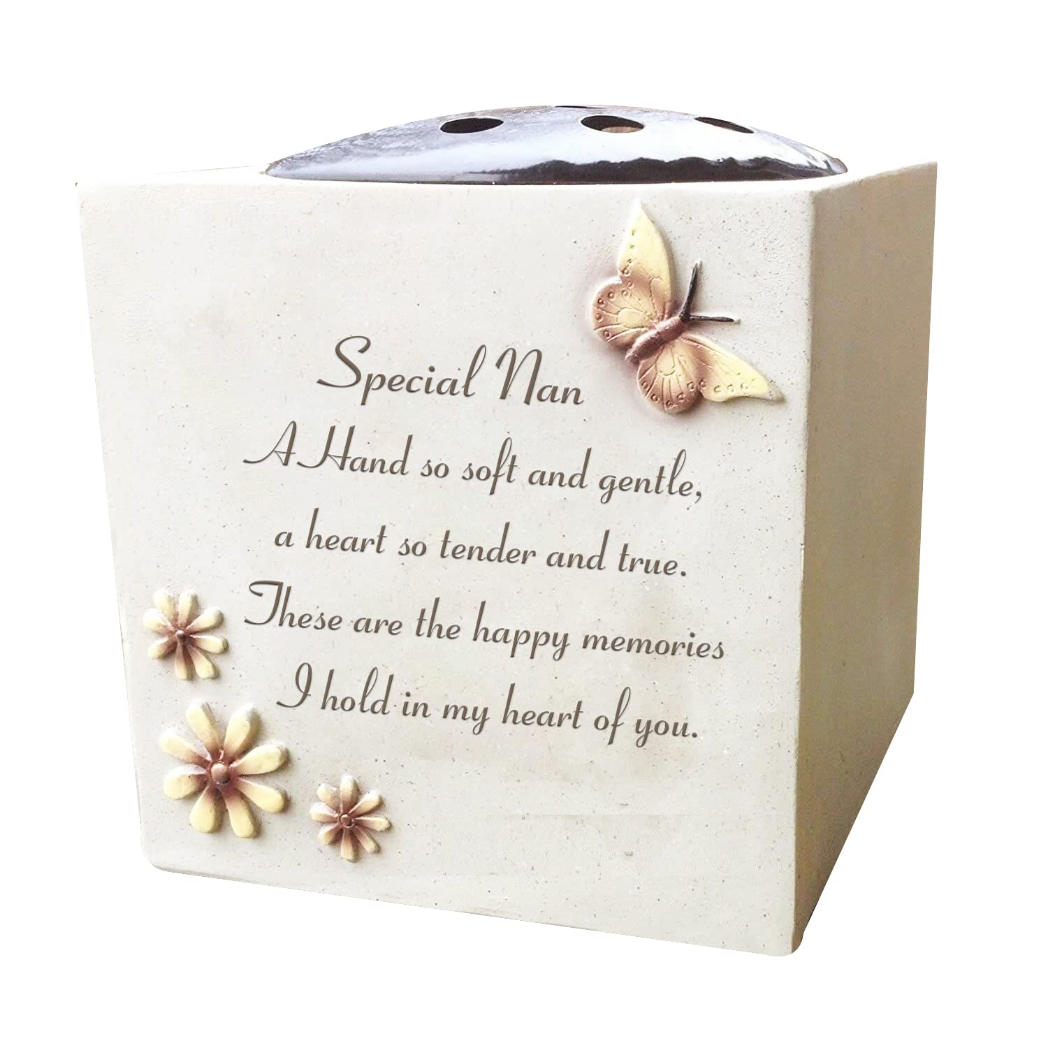OnlineStreet Grave Vase Rose Bowl with Butterfly and Flowers - Memorial Flower Holders Ornament, Engraved with a Funeral Verse, Weatherproof-Grave Decoration Ornament 14 x 15 cm (Nan) (13974)