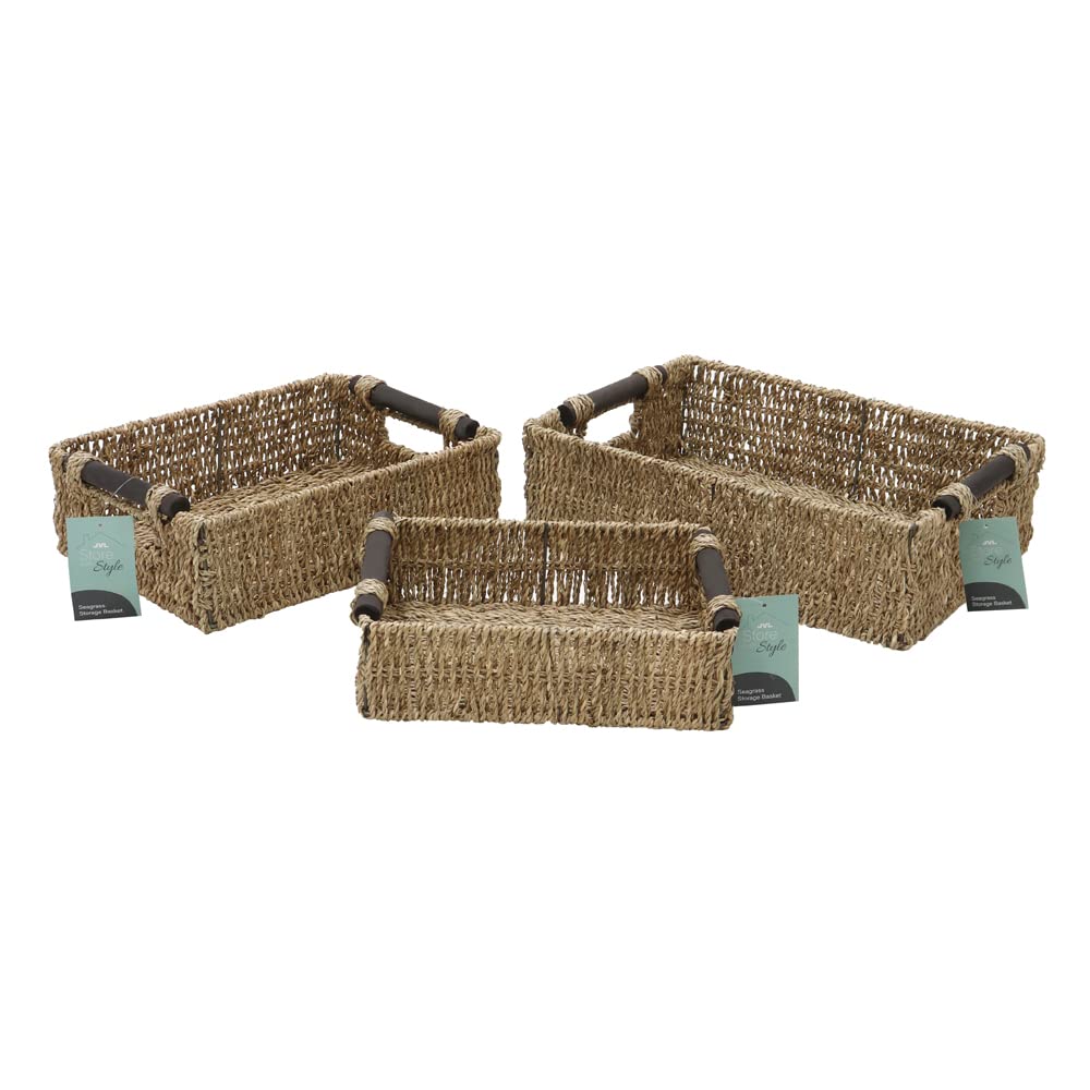 JVL Seagrass Set of 3 Rectangular Storage Baskets with Wooden Handles