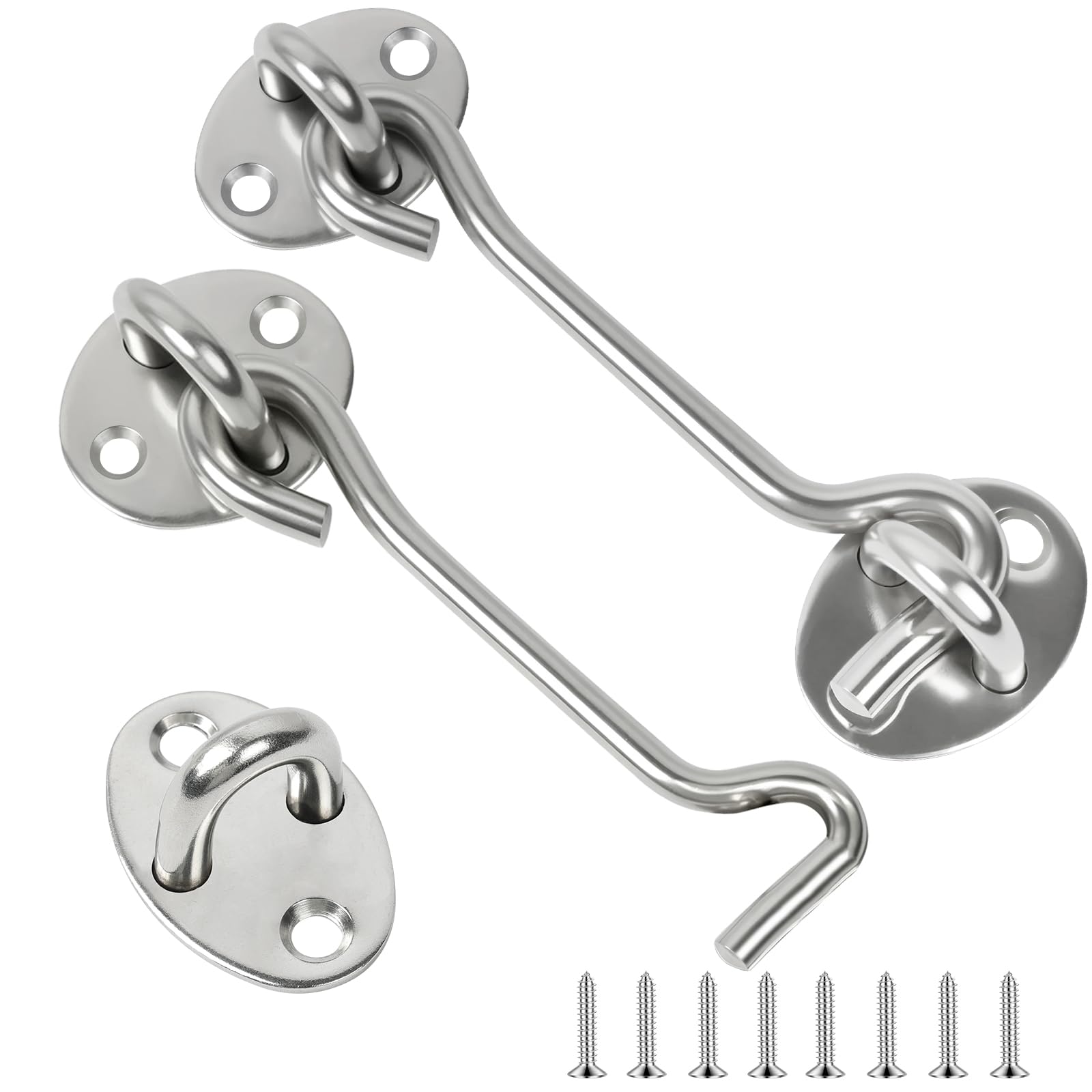 Flintronic Hook and Eye Latch, 2Pcs 8 Inch Stainless Steel Cabin Hook, Heavy Duty Gate Hook Lock, Silver Door Latch with Screws, Door Catch for Outdoor Window, Garage, Garden, Barn Door