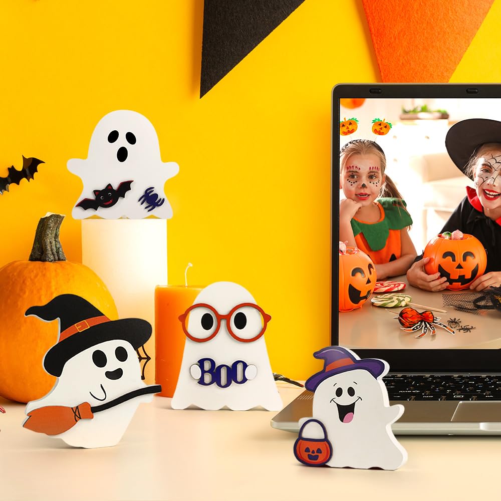 AKEROCK Cute Halloween Decorations Indoor - Halloween Decor/Ghost Decor, 4 PCS Wooden Ghost Halloween Signs for Table, Office Desk, Tiered Tray, Fireplace Mantle - Spooky Halloween Ghost Decorations