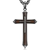 NORBU Wooden Cross Necklace for Men, Mens Black Cross Necklaces Natural Wood Cross Pendant, Christian Jewelry Religious Gifts for Him Easter Birthday Christmas