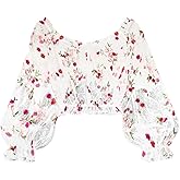 Floerns Women's Plus Size Off Shoulder Floral Embroidered Crop Top Puff Sleeve Sheer Mesh Elegant Dressy Blouse