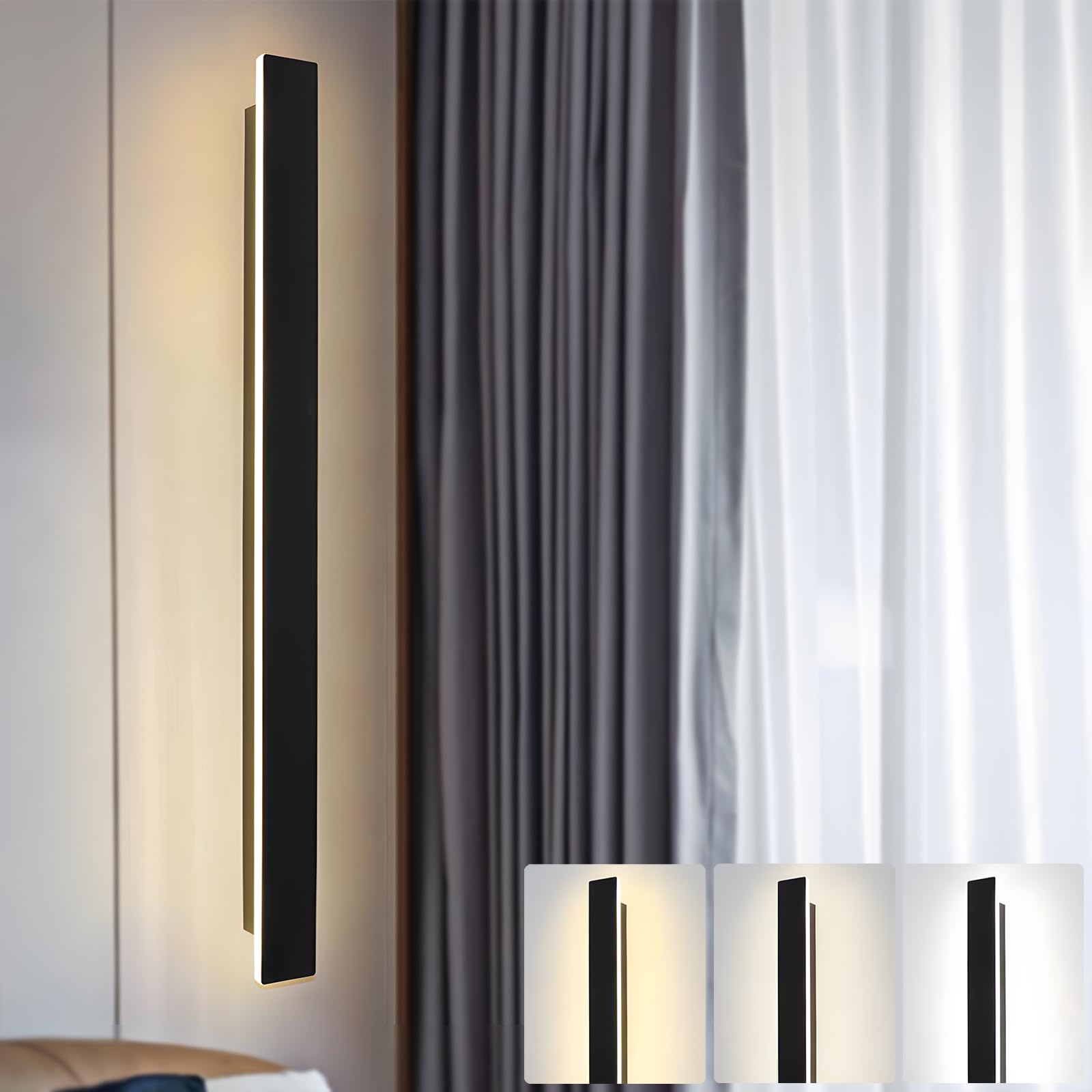 ZTWLEED LED Wall Light Indoor,28W Wall Lamp Modern 3000K/4000K/6000K,Acrylic Wall Sconce Lights for Bedroom Living Room Corridor Stair 80CM Black — image 1