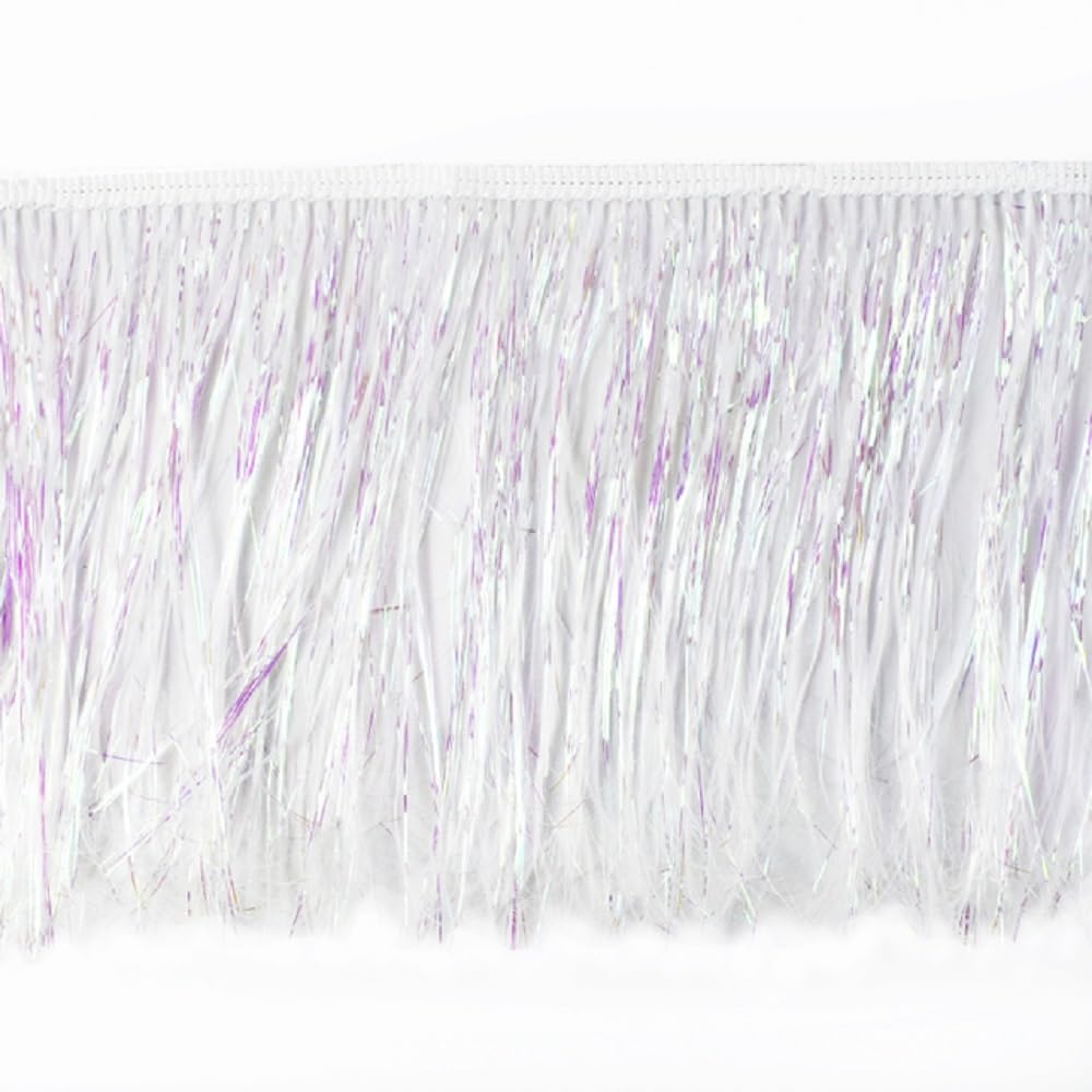Yalulu 10 Meters Sequins Fringe Trim, Tinsel Fringe Trim, Metallic Lace Tassel Fringe Trimming for DIY Clothing Latin Decoration (White-AB)