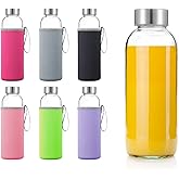 Glass Water Bottles 6 Pack With Sleeves and Stainless Steel Lids - 18oz Size - Leak Proof Caps, Reusable and Perfect For Travel and Storing Beverages Juice, Smoothies, Kombucha, Kefir, Tea
