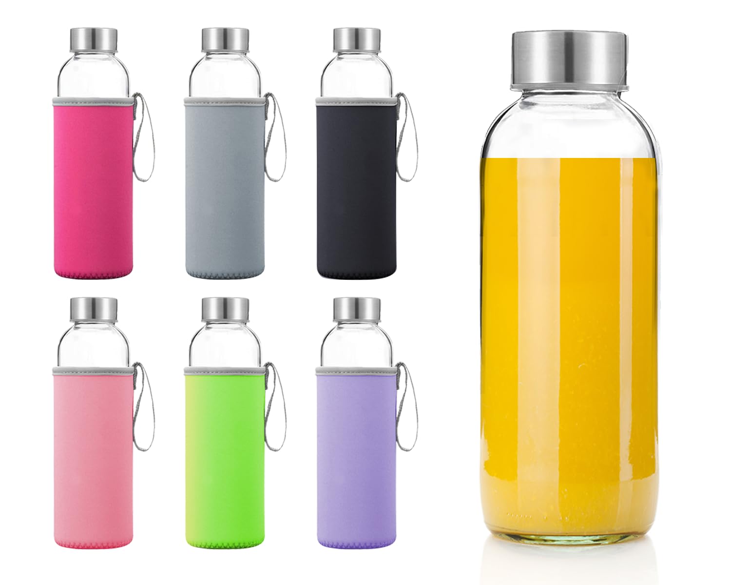 Otis Glass Water Bottles - 6 Pack w/ Sleeves & Stainless Steel Lids - For Hot & Cold Drinks, Kombucha, Juice & Tea - Water Tumbler w/ Colourful Sleeve - 18oz
