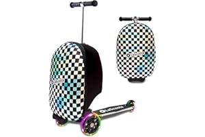 Lascoota Scooter Suitcase - Ride Suitcase for Kids - Carry Luggage & Kid Scooter - Lightweight Luggage with LED Lights - Checkered, 24 x 15 x 19 in, Unisex Child