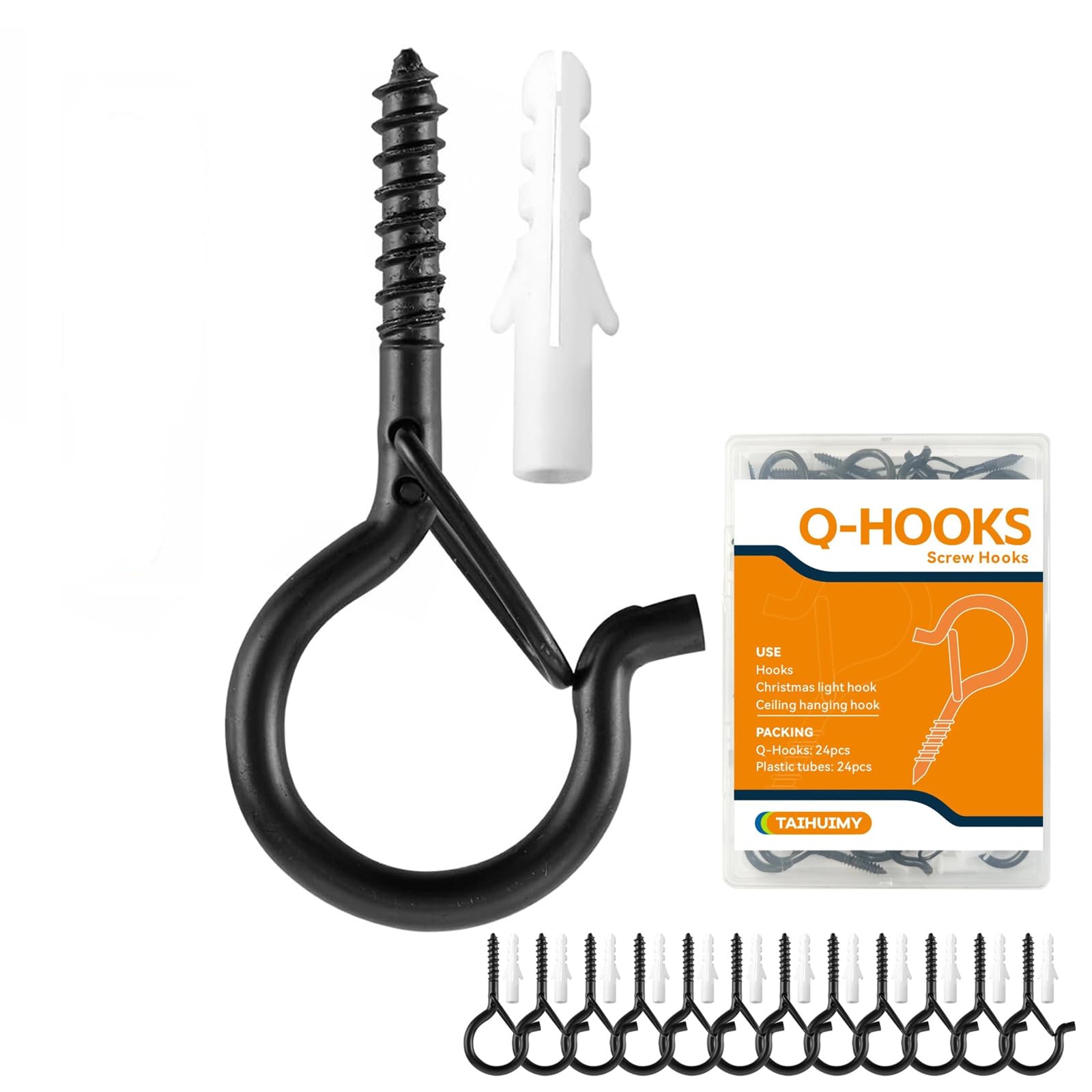 TAIHUIMY Screw Hooks for Outdoor String Lights, Q-Hanger Christmas Rope Lights Clips, Wall Cabinet Ceiling Eye Hook with Safety Buckle for Wire Party Light Plants Wind Chimes(24) — image 1