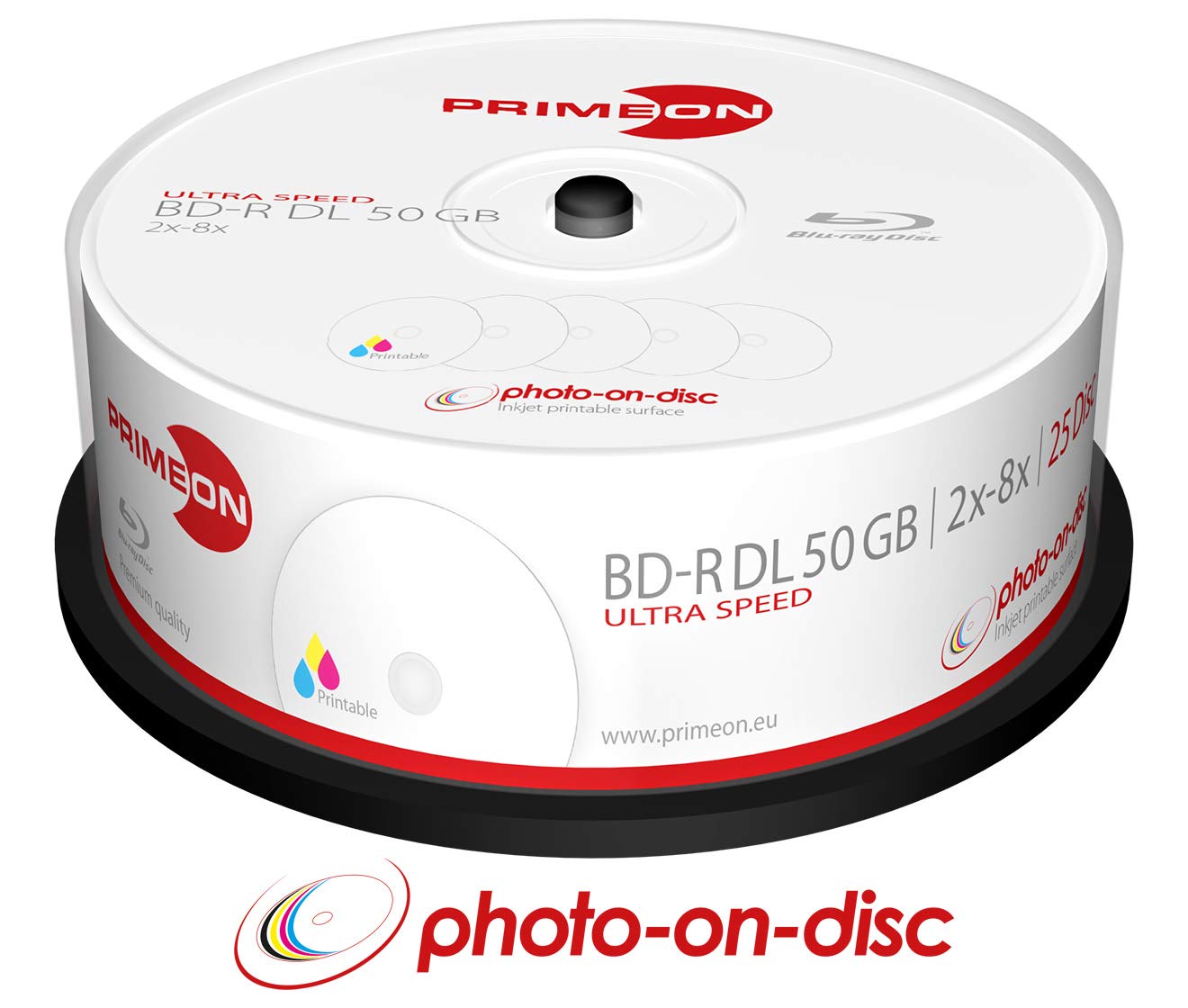 Primeon BD-R DL 50GB/2-8x Cake Box (25 Disc) Photo-on-Disc, Inkjet Full Size Printable Surface