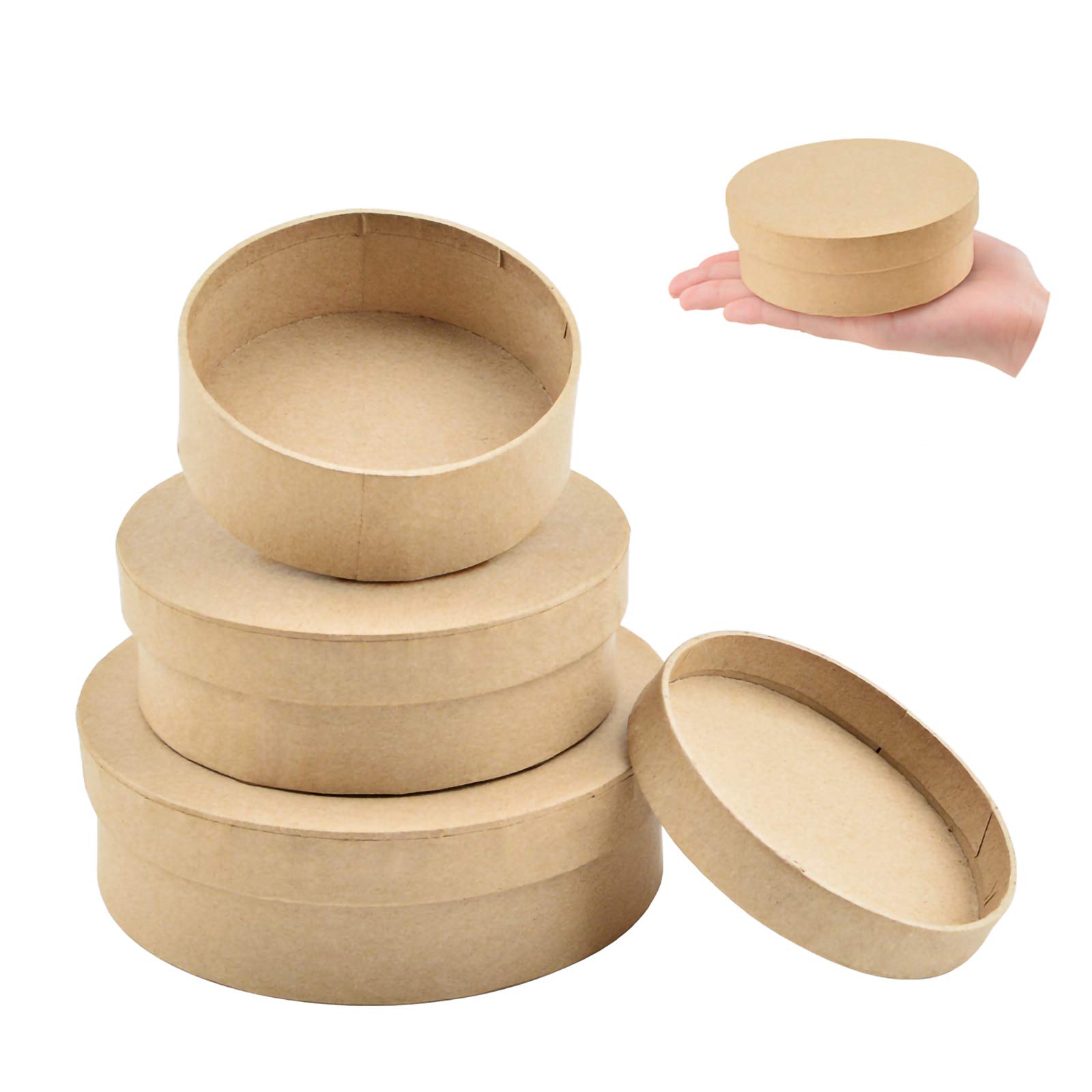 WANDIC Paper Mache Boxes - Set of 3 Round Kraft Paper Boxes with Lids - Storage for Accessories, Cosmetics, Jewelry & Gifts - 3 Sizes