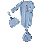 Newborn Baby Boys Girls Knotted Gown Hat Set Soft Bamboo Viscose Infant Sleeper Baby Sleep Gown with Mittens