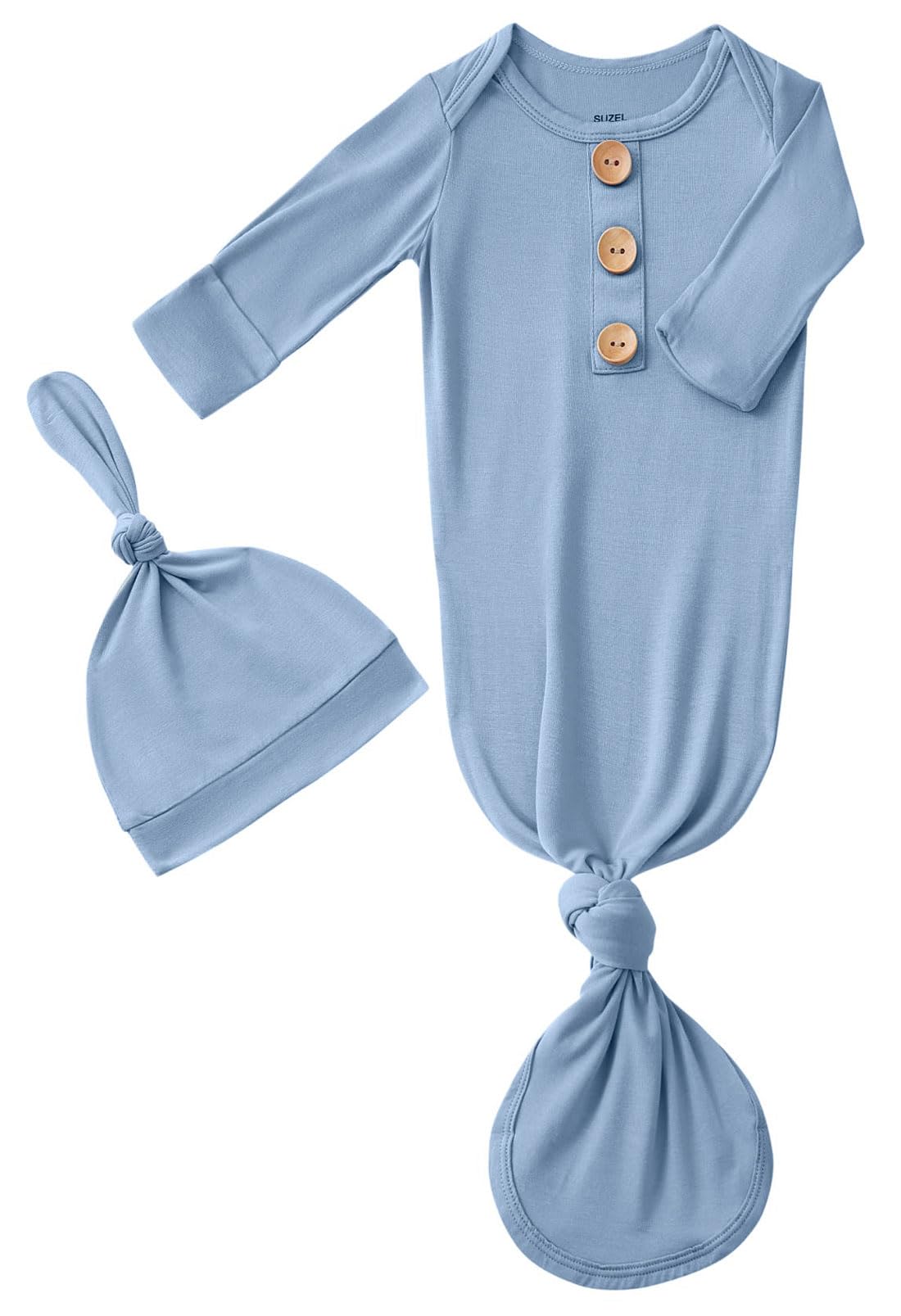 Photo 1 of Newborn Baby Boys Girls Knotted Gown Hat Set Soft Viscose from Bamboo Infant Sleeper Baby Sleep Gown with Mittens (Dusty Blue, 0-3 Months)