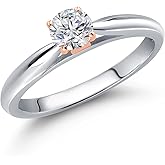 Gem Stone King 925 Silver and 10K Rose Gold Gemstone Birthstone Solitaire Engagement Ring For Women | Round 4MM | Two-Tone Wedding Anniversary Promise Ring | Sizes 5, 6, 7, 8, 9