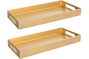 MAONAME Gold Vanity Tray Set of 2, Plastic Decorative Tray with Handles, Rectangular Bathroom Trays for Toilet Tank, 13.8" X 6" X 1.57"