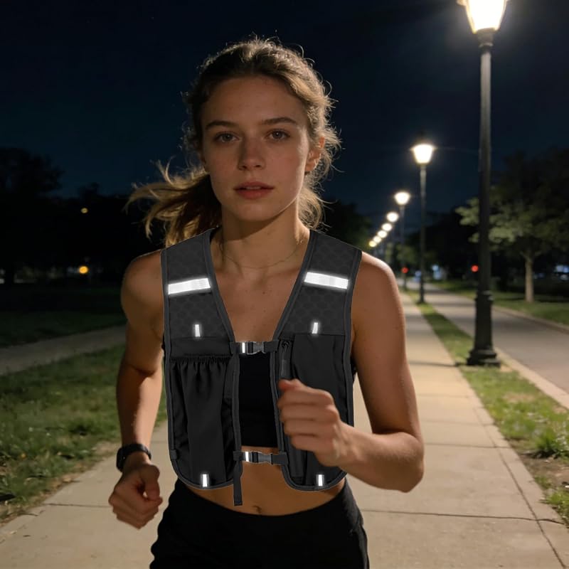 Chaleco de Running Unisex con Mochila, Ajustable, Ligero y Transpirable, Diseño con Espacio de Almacenamiento y Bandas Reflectantes, para Maratón, Jogging, Ciclismo, Trail Running