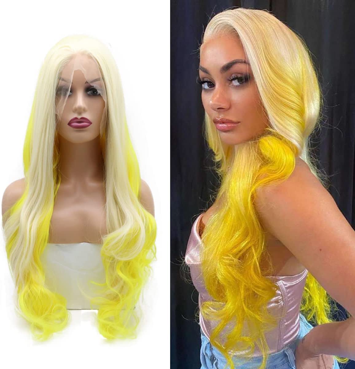 Blonde Yellow Curly Wig 613 Blonde Yellow Long Wavy Lace Front Wigs for Women Super Soft Platinum Blond Ombre Synthetic Hair Natural Hairline Glueless Heat Resistant Fiber daily party 24 inch — image 1