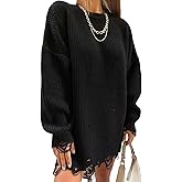 utcoco Women's Oversized Ribbed Knit Mini Dress Distressed Hole Long Sleeve Pullover Sweater