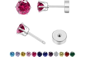 Hypoallergenic Birthstone Stud Earrings for Women Brilliant Cut Round Cubic Zirconia Flat Back Earrings Surgical Steel Cartil