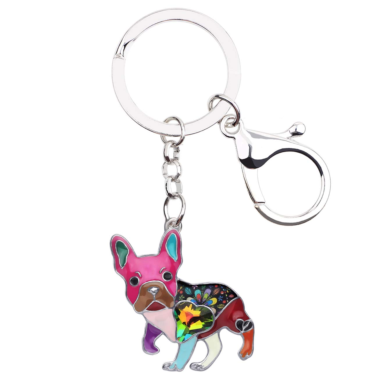 BONSNY Enamel Metal Heart Rhinestone French Bulldog Key Chains For Women Kids Car Purse bag Rings Charms Pets Gift (Multicoloured)