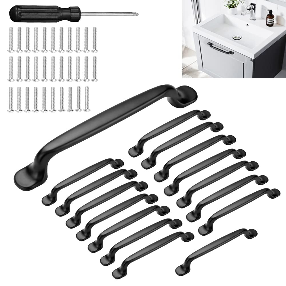 BUZIFU 16 Pcs Black Aluminum Alloy Cabinet Handles Bow Pull Handle 128mm Hole Spacing with Screws and Screwdriver for Kitchen Cupboard Furniture Door