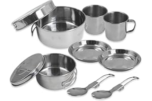 Roucerlin 10Pcs Stainless Steel Camping Cookware Mess Kit, Camping Cook Pot with Folding Handle, Backpacking Mess Kit, Hiking