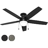 Hunter Fan 52 Inch Matte Black Ceiling Fan with Light and Pull Chain, Low Profile Fan for Bedroom, Living Room, Dining Room, 