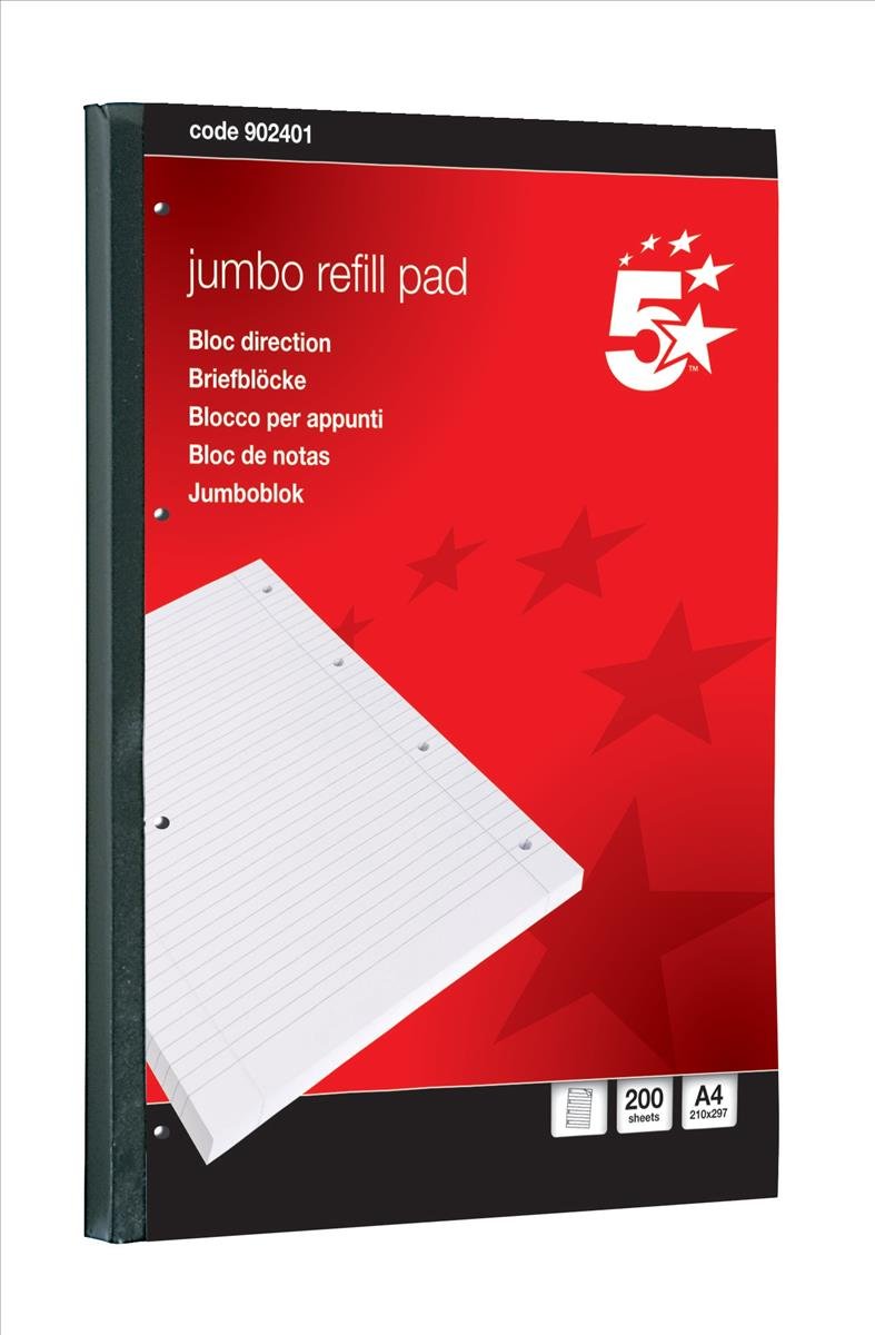 5 Star 902401 Jumbo Pad Feint Sidebound Ruled with Margin 60gsm 4-Hole Punched 200 Sheets A4 [Pack of 4]