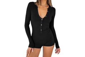 BONITEE Women One Piece Jumpsuit V Neck Long Sleeve Romper Trendy Pajamas Set Ribbed Button Down Bodysuit